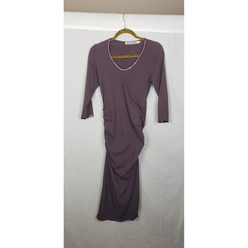 Michael Stars Dress Small Bodycon Brown‎ Ruched Copper Metallic Trim USA Sexy